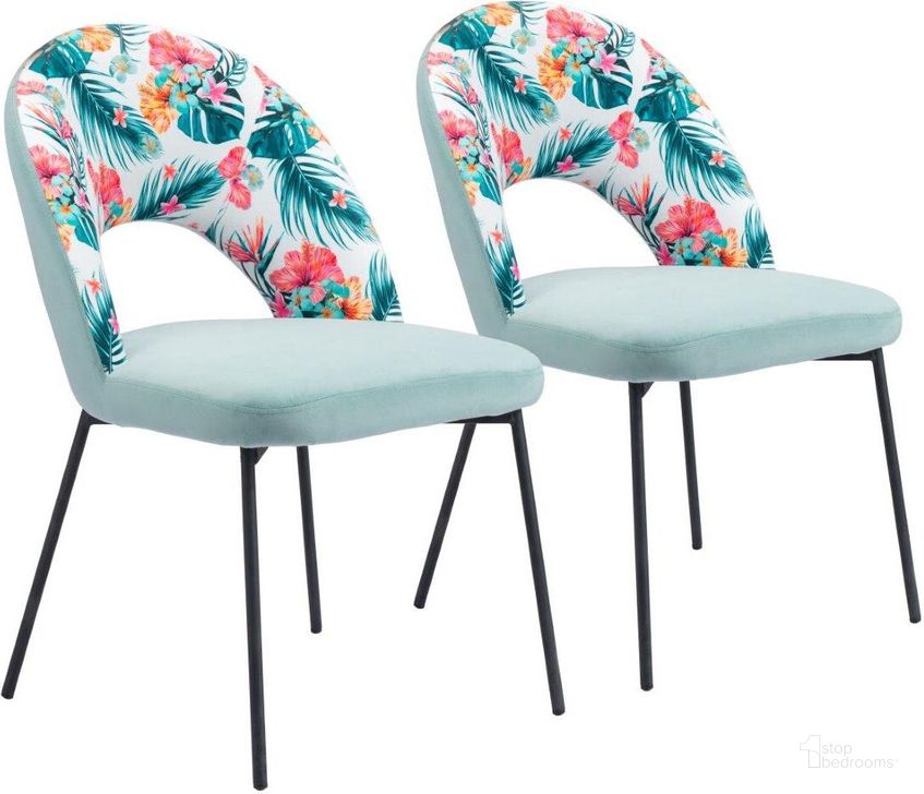 The appearance of Bethpage Dining Chair Set Of 2 In Multicolor Print And Green designed by Zuo Modern in the modern / contemporary interior design. This multi piece of furniture  was selected by 1StopBedrooms from Bethpage Collection to add a touch of cosiness and style into your home. Sku: 109367. Product Type: Dining Chair. Material: Plywood. Image1