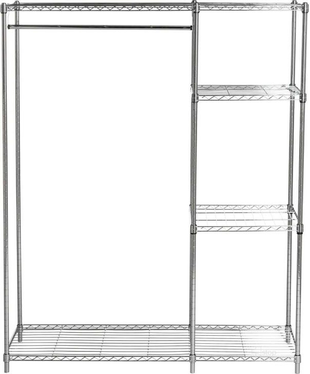 The appearance of Betsy Chrome Wire Adjustable Garment Rack designed by Safavieh in the industrial interior design. This chrome piece of furniture  was selected by 1StopBedrooms from Betsy Collection to add a touch of cosiness and style into your home. Sku: HAC1008A. Material: Steel. Product Type: Rack. Image1
