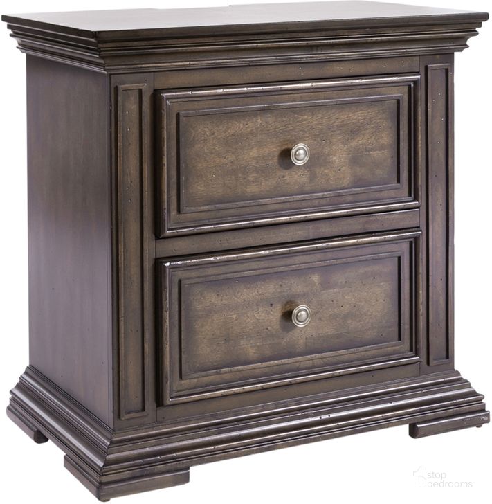 The appearance of Big Valley 2 Drawer Night Stand With Charging Station designed by Liberty in the traditional interior design. This brown piece of furniture  was selected by 1StopBedrooms from Big Valley Collection to add a touch of cosiness and style into your home. Sku: 361-BR61. Product Type: Nightstand. Material: Rubberwood. Image1