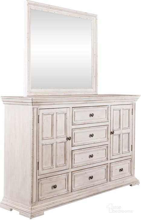 The appearance of Big Valley Dresser And Mirror In White designed by Liberty in the traditional interior design. This white piece of furniture  was selected by 1StopBedrooms from Big Valley Collection to add a touch of cosiness and style into your home. Sku: 361W-BR31;361W-BR51. Product Type: Dresser and Mirror. Material: Rubberwood. Image1