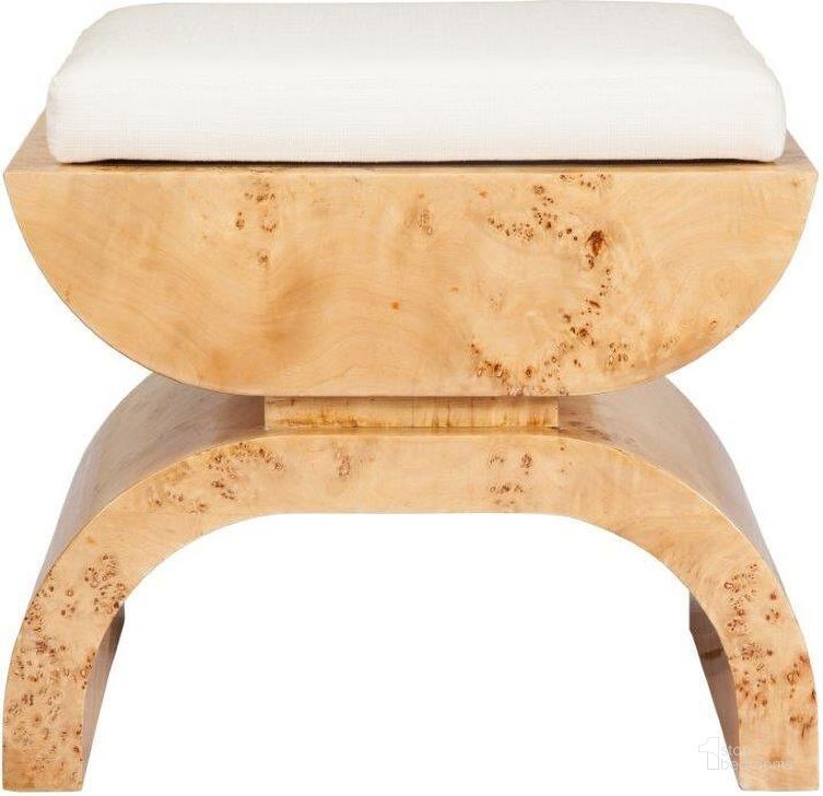 The appearance of Biggs Burl Wood And White Linen Stool designed by Worlds Away in the modern / contemporary interior design. This beige piece of furniture  was selected by 1StopBedrooms from Biggs Collection to add a touch of cosiness and style into your home. Sku: BIGGS BW. Product Type: Stool. Material: MDF. Image1