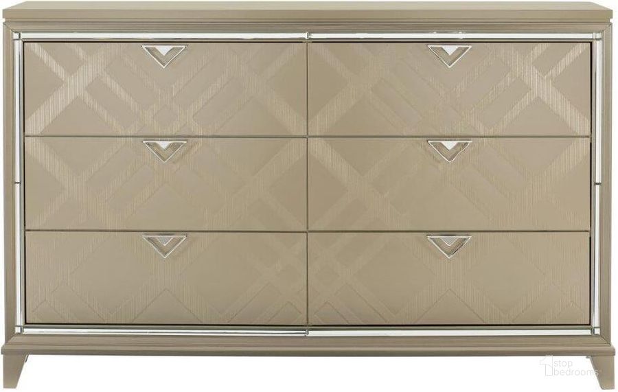 The appearance of Bijou Champagne Metallic Dresser designed by Homelegance in the transitional interior design. This champagne piece of furniture  was selected by 1StopBedrooms from Bijou Collection to add a touch of cosiness and style into your home. Sku: 1522-5WF. Material: Wood. Product Type: Dresser. Image1
