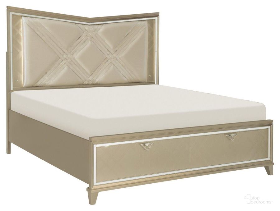 The appearance of Bijou Champagne Metallic King Storage Platform Bed With LED Lighting designed by Homelegance in the transitional interior design. This beige piece of furniture  was selected by 1StopBedrooms from Bijou Collection to add a touch of cosiness and style into your home. Sku: 1522K-1;1522K-2WF;1522-3. Bed Type: Platform Bed. Product Type: Platform Bed. Bed Size: King. Image1
