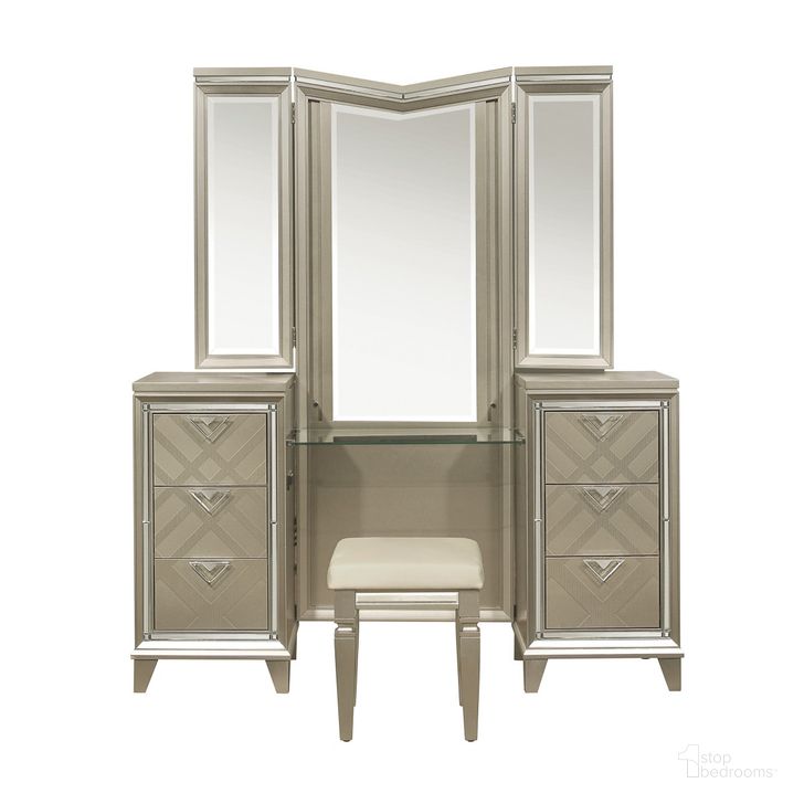 The appearance of Bijou Champagne Metallic Vanity With Mirror And LED Lighting designed by Homelegance in the transitional interior design. This beige piece of furniture  was selected by 1StopBedrooms from Bijou Collection to add a touch of cosiness and style into your home. Sku: 1522-15RWF;1522-15LWF;1522-15M. Product Type: Bedroom Vanity. Image1