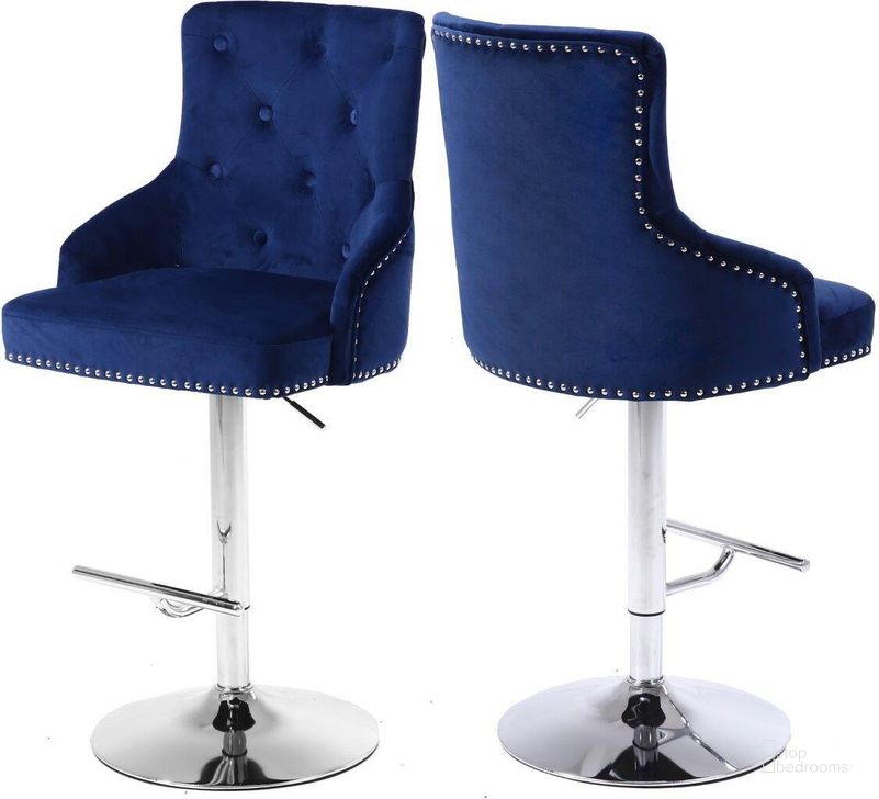 The appearance of Biljana Navy Velvet Barstool designed by Furnique in the modern / contemporary interior design. This navy piece of furniture  was selected by 1StopBedrooms from Biljana Collection to add a touch of cosiness and style into your home. Sku: 709Navy. Product Type: Barstool. Material: Velvet. Image1
