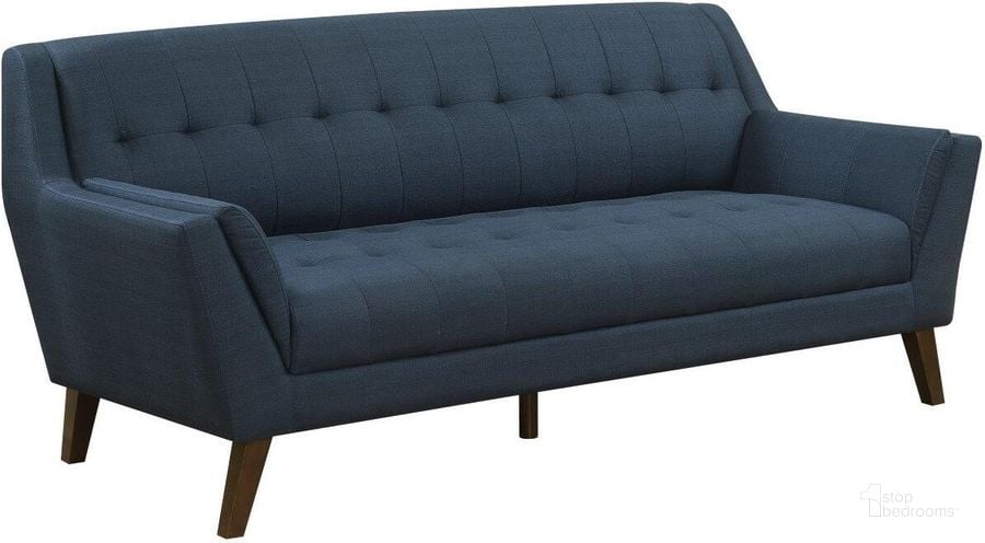 The appearance of Binetti 79.1 Inch Sofa In Navy Peacock designed by Emerald Home Furnishings in the transitional interior design. This navy piece of furniture  was selected by 1StopBedrooms from Binetti Collection to add a touch of cosiness and style into your home. Sku: U3216-00-04. Material: Wood. Product Type: Sofa. Image1