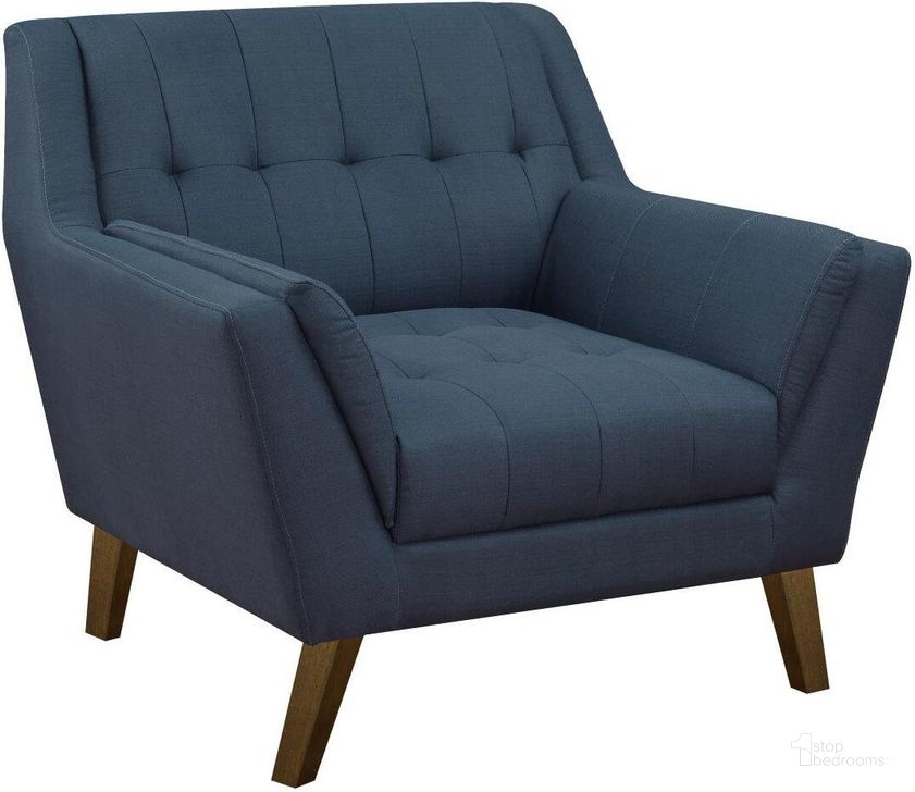 The appearance of Binetti Accent Chair In Navy Peacock designed by Emerald Home Furnishings in the transitional interior design. This navy piece of furniture  was selected by 1StopBedrooms from Binetti Collection to add a touch of cosiness and style into your home. Sku: U3216-02-04. Material: Wood. Product Type: Accent Chair. Image1