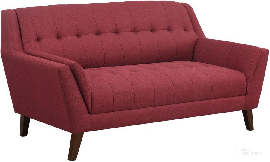 The appearance of Binetti Loveseat In Brick Red designed by Emerald Home Furnishings in the transitional interior design. This brick red piece of furniture  was selected by 1StopBedrooms from Binetti Collection to add a touch of cosiness and style into your home. Sku: U3216-01-02. Material: Wood. Product Type: Loveseat. Image1