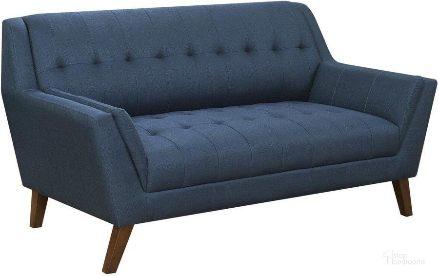 The appearance of Binetti Loveseat In Navy Peacock designed by Emerald Home Furnishings in the transitional interior design. This navy piece of furniture  was selected by 1StopBedrooms from Binetti Collection to add a touch of cosiness and style into your home. Sku: U3216-01-04. Material: Wood. Product Type: Loveseat. Image1