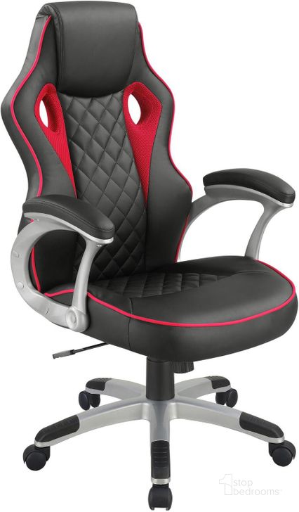 The appearance of Black and Red Office Chair designed by Coaster in the modern / contemporary interior design. This black piece of furniture  was selected by 1StopBedrooms from Office Chairs Collection to add a touch of cosiness and style into your home. Sku: 801497. Product Type: Office Chair. Material: Vinyl. Image1