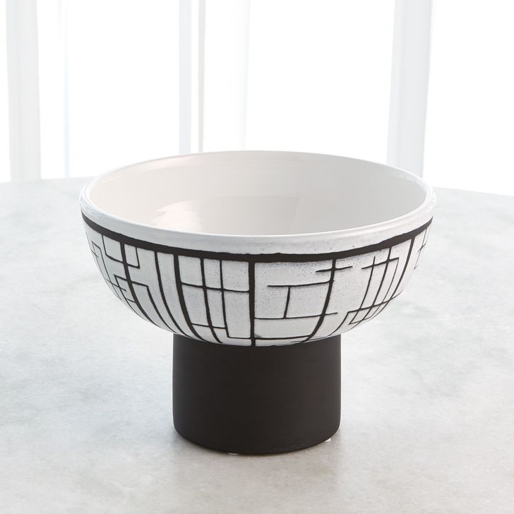 The appearance of Black And White Sgraffito Footed Bowl In Black designed by Global Views in the modern / contemporary interior design. This black piece of furniture  was selected by 1StopBedrooms from Sgraffito Collection to add a touch of cosiness and style into your home. Sku: 3.3169. Material: Ceramic. Product Type: Bowl. Image1