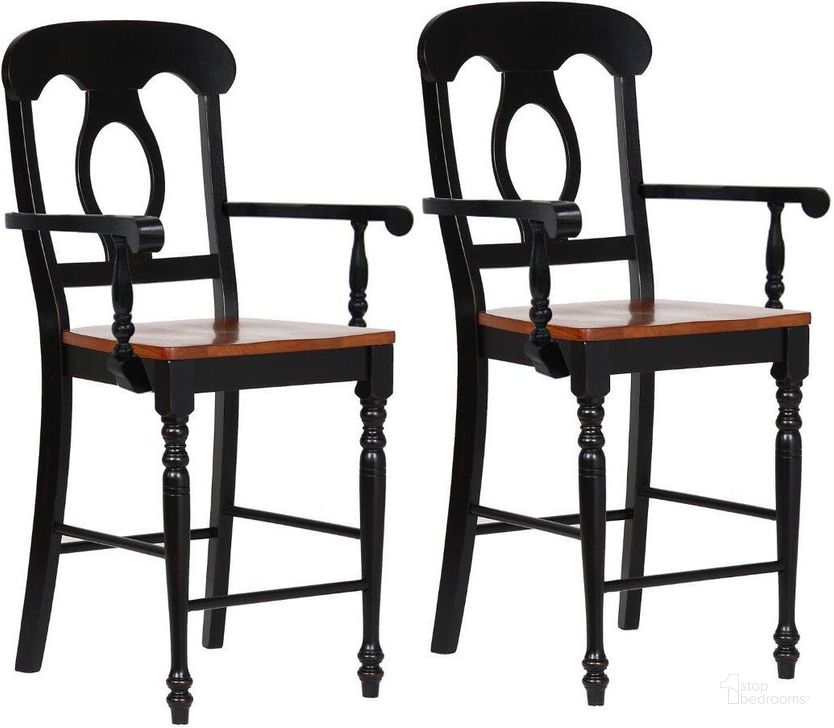 The appearance of Black Cherry Selections Napoleon Barstool with Arms Set of 2 designed by Sunset Trading in the traditional interior design. This antique black and cherry piece of furniture  was selected by 1StopBedrooms from Black Cherry Selections Collection to add a touch of cosiness and style into your home. Sku: DLU-B50A-BCH-2. Material: Wood. Product Type: Barstool. Image1