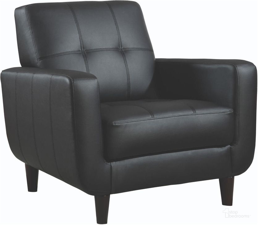 The appearance of Black Vinyl Accent Chair designed by Coaster in the transitional interior design. This black piece of furniture  was selected by 1StopBedrooms from Black Collection to add a touch of cosiness and style into your home. Sku: 900204. Product Type: Accent Chair. Material: Vinyl. Image1