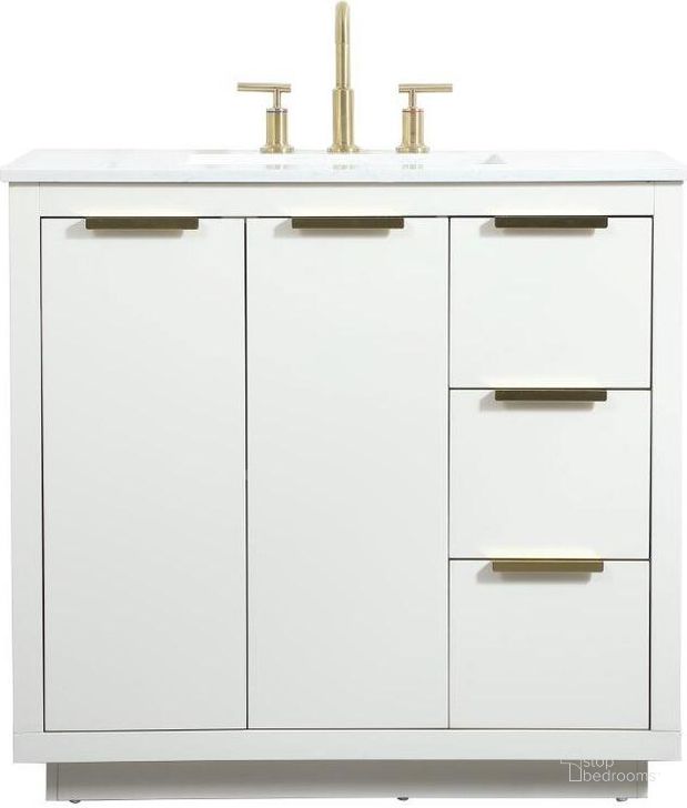 The appearance of Blake 36 Inch Single Bathroom Vanity In White designed by Elegant Lighting in the transitional interior design. This white piece of furniture  was selected by 1StopBedrooms from Blake Collection to add a touch of cosiness and style into your home. Sku: VF19436WH. Material: MDF. Product Type: Bathroom Vanity. Image1