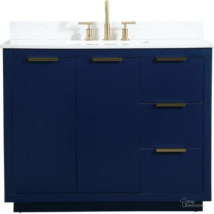 The appearance of Blake 42 Inch Single Bathroom Vanity In Blue With Backsplash designed by Elegant Lighting in the transitional interior design. This blue piece of furniture  was selected by 1StopBedrooms from Blake Collection to add a touch of cosiness and style into your home. Sku: VF19442BL-BS. Material: MDF. Product Type: Bathroom Vanity. Image1