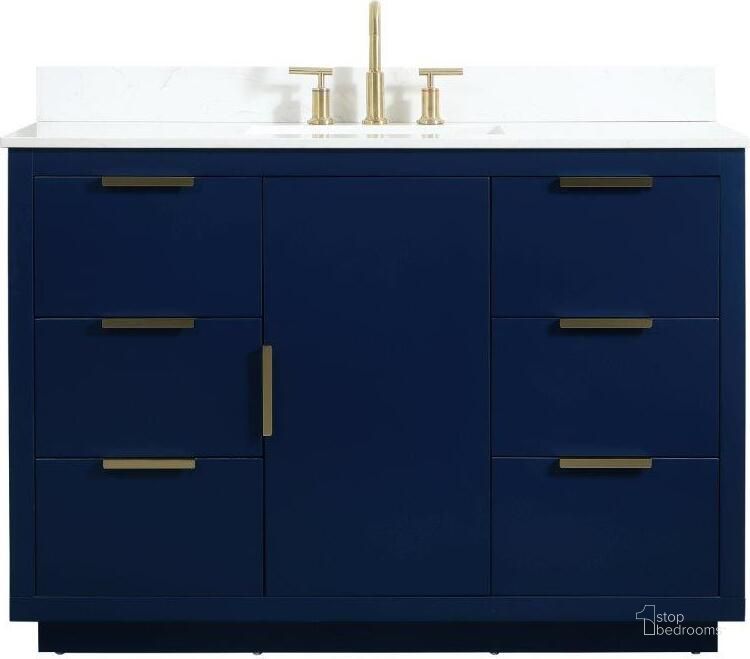 The appearance of Blake 48 Inch Single Bathroom Vanity In Blue With Backsplash designed by Elegant Lighting in the transitional interior design. This blue piece of furniture  was selected by 1StopBedrooms from Blake Collection to add a touch of cosiness and style into your home. Sku: VF19448BL-BS. Material: MDF. Product Type: Bathroom Vanity. Image1