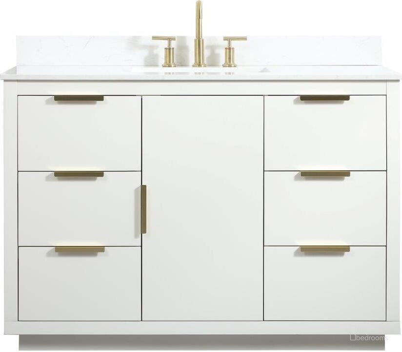 The appearance of Blake 48 Inch Single Bathroom Vanity In White With Backsplash designed by Elegant Lighting in the transitional interior design. This white piece of furniture  was selected by 1StopBedrooms from Blake Collection to add a touch of cosiness and style into your home. Sku: VF19448WH-BS. Material: MDF. Product Type: Bathroom Vanity. Image1