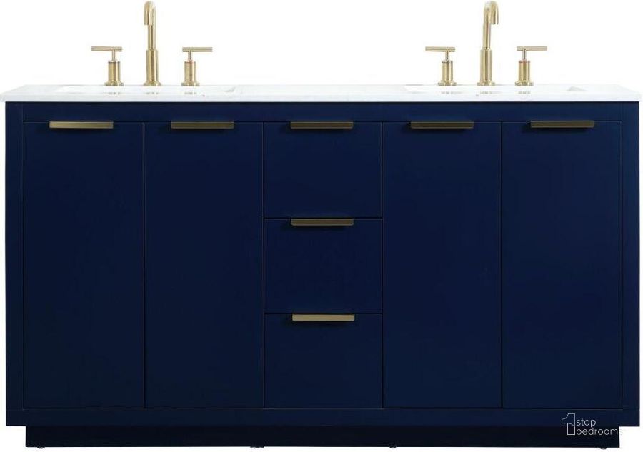 The appearance of Blake 60 Inch Double Bathroom Vanity In Blue designed by Elegant Lighting in the transitional interior design. This blue piece of furniture  was selected by 1StopBedrooms from Blake Collection to add a touch of cosiness and style into your home. Sku: VF19460DBL. Material: MDF. Product Type: Bathroom Vanity. Image1