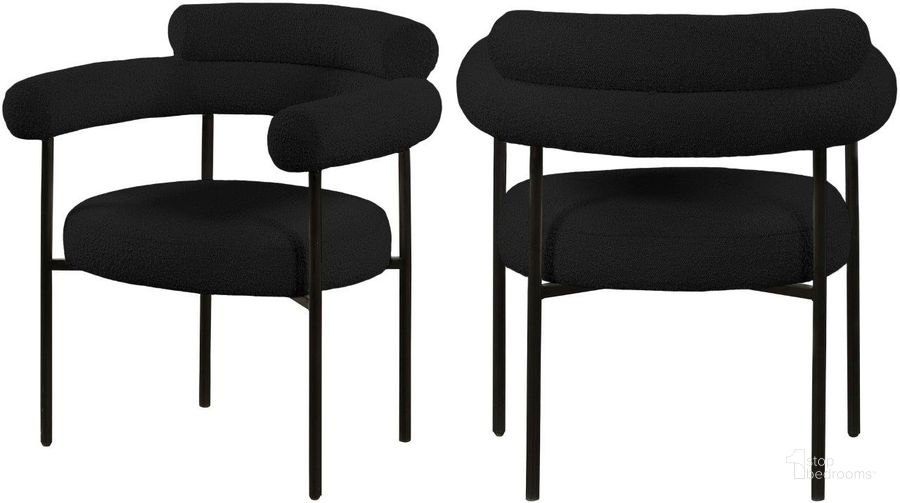 The appearance of Blake Black and Gold Boucle Fabric Dining Chair Set Of 2 designed by Meridian in the modern / contemporary interior design. This black piece of furniture  was selected by 1StopBedrooms from Blake Collection to add a touch of cosiness and style into your home. Sku: 879Black-C. Material: Fabric. Product Type: Dining Chair. Image1