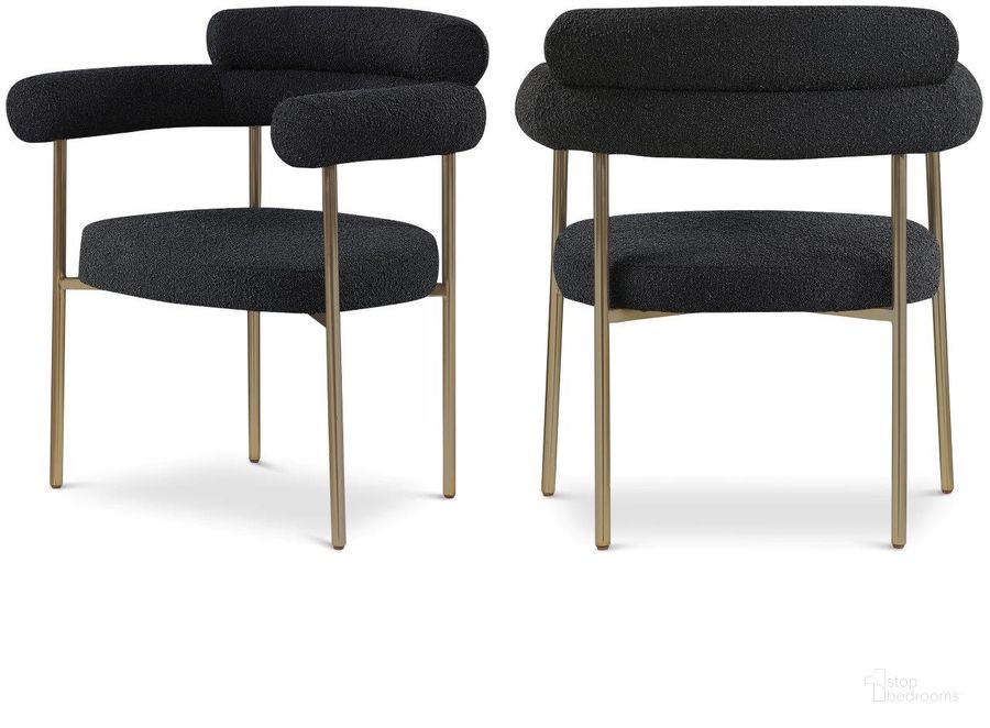 The appearance of Blake Black Boucle Fabric Dining Chair Set of 2 designed by Meridian in the modern / contemporary interior design. This black and gold piece of furniture  was selected by 1StopBedrooms from Blake Collection to add a touch of cosiness and style into your home. Sku: 871Black-C. Product Type: Dining Chair. Material: Iron. Image1