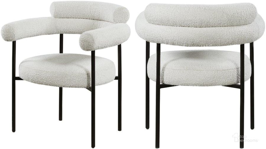 The appearance of Blake White and Gold Boucle Fabric Dining Chair Set Of 2 designed by Meridian in the modern / contemporary interior design. This cream piece of furniture  was selected by 1StopBedrooms from Blake Collection to add a touch of cosiness and style into your home. Sku: 879Cream-C. Material: Fabric. Product Type: Dining Chair. Image1