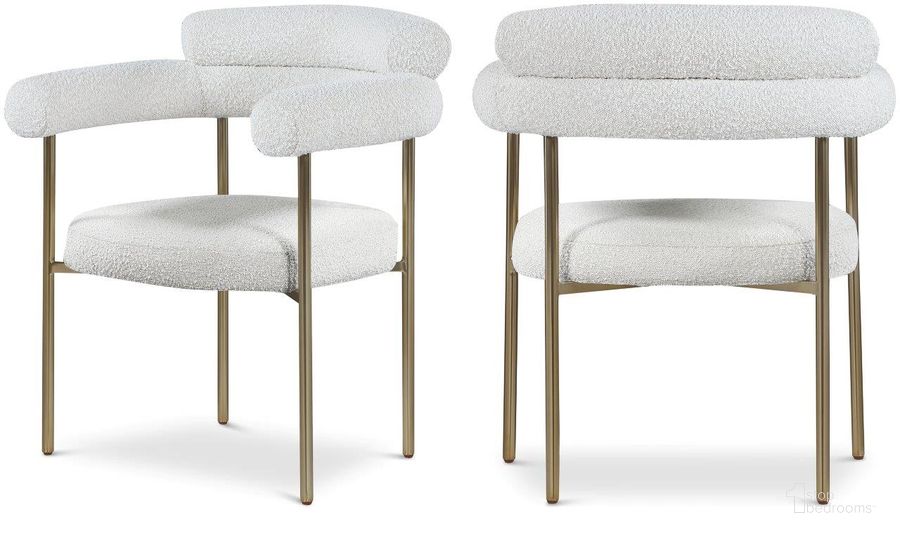 The appearance of Blake Cream Boucle Fabric Dining Chair Set of 2 designed by Meridian in the modern / contemporary interior design. This white and gold piece of furniture  was selected by 1StopBedrooms from Blake Collection to add a touch of cosiness and style into your home. Sku: 871Cream-C. Product Type: Dining Chair. Material: Iron. Image1