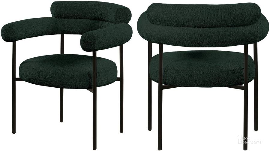 The appearance of Blake Dark Green Boucle Fabric Dining Chair Set Of 2 designed by Meridian in the modern / contemporary interior design. This dark green piece of furniture  was selected by 1StopBedrooms from Blake Collection to add a touch of cosiness and style into your home. Sku: 879Green-C. Material: Fabric. Product Type: Dining Chair. Image1