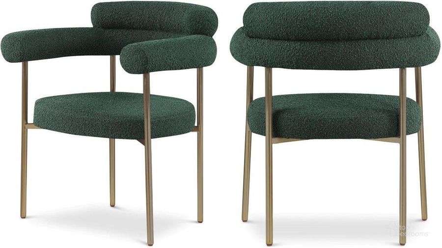 The appearance of Blake Green Boucle Fabric Dining Chair Set of 2 designed by Meridian in the modern / contemporary interior design. This green piece of furniture  was selected by 1StopBedrooms from Blake Collection to add a touch of cosiness and style into your home. Sku: 871Green-C. Product Type: Dining Chair. Material: Iron. Image1
