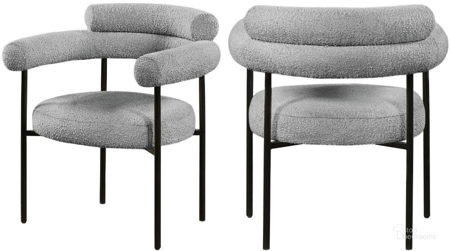 The appearance of Blake Grey Boucle Fabric Dining Chair Set Of 2 designed by Meridian in the modern / contemporary interior design. This grey piece of furniture  was selected by 1StopBedrooms from Blake Collection to add a touch of cosiness and style into your home. Sku: 879Grey-C. Material: Fabric. Product Type: Dining Chair. Image1