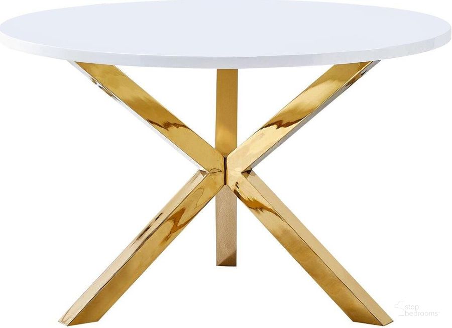 The appearance of Blanca Round White Dining Table In Gold Stainless Steel designed by Best Master Furniture in the modern / contemporary interior design. This white piece of furniture  was selected by 1StopBedrooms from Blanca Collection to add a touch of cosiness and style into your home. Sku: BA227GT. Table Base Style: Pedestal. Table Top Shape: Round. Product Type: Dining Table. Material: Stainless Steel. Size: 47". Image1