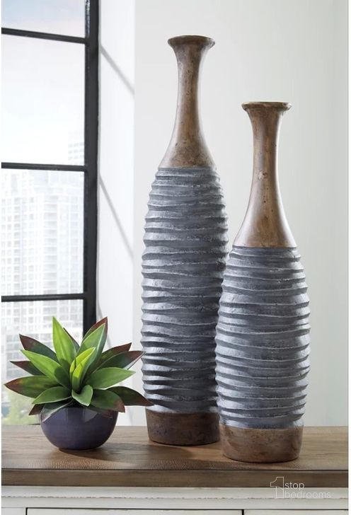 The appearance of Blayze Antique Gray And Brown Vase Set of 2 designed by Signature Design by Ashley in the traditional interior design. This antique gray/brown piece of furniture  was selected by 1StopBedrooms from Blayze Collection to add a touch of cosiness and style into your home. Sku: A2000388. Material: Other. Product Type: Decor. Image1