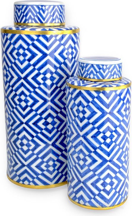 The appearance of Blue and White Optical Tea Jar Set of 2 designed by Currey & Company in the modern / contemporary interior design. This blue piece of furniture  was selected by 1StopBedrooms from Blue and White Optical Collection to add a touch of cosiness and style into your home. Sku: 1200-0751. Material: Ceramic. Product Type: Jar. Image1