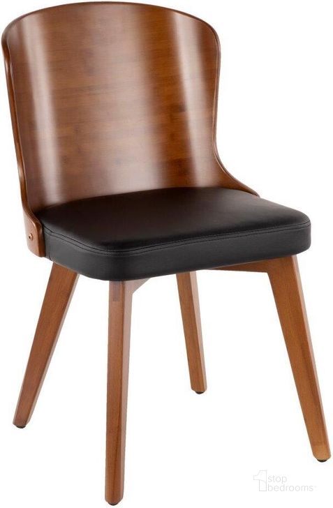 The appearance of Bocello Mid-Century Chair In Walnut And Black Faux Leather designed by Lumisource in the transitional interior design. This walnut piece of furniture  was selected by 1StopBedrooms from Bocello Collection to add a touch of cosiness and style into your home. Sku: CH-BCLLO WL+BK. Product Type: Chair. Material: Bamboo. Image1