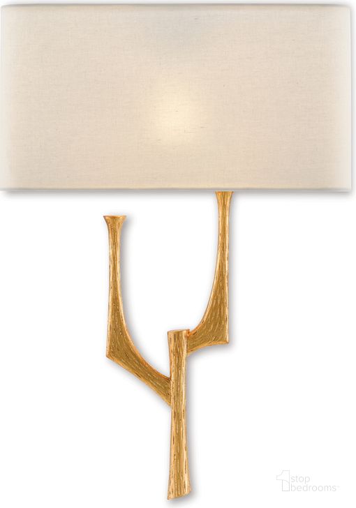 The appearance of Bodnant Gold Right Wall Sconce With White Shade designed by Currey & Company in the modern / contemporary interior design. This gold piece of furniture  was selected by 1StopBedrooms from Bodnant Collection to add a touch of cosiness and style into your home. Sku: 5000-0182. Product Type: Wall Sconce. Material: Iron. Image1