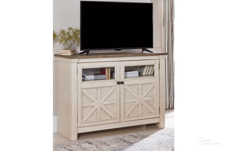 The appearance of Bolanburg Two Tone 50" TV Stand designed by Signature Design by Ashley in the transitional interior design. This two-tone piece of furniture  was selected by 1StopBedrooms from Bolanburg Collection to add a touch of cosiness and style into your home. Sku: W647-28. Material: Glass. Product Type: TV Stands and TV Console. Image1