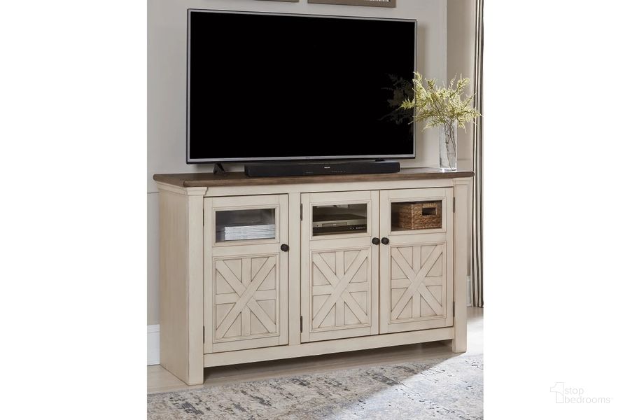 The appearance of Bolanburg Two Tone 60" TV Stand designed by Signature Design by Ashley in the transitional interior design. This two-tone piece of furniture  was selected by 1StopBedrooms from Bolanburg Collection to add a touch of cosiness and style into your home. Sku: W647-38. Material: Glass. Product Type: TV Stands and TV Console. Image1