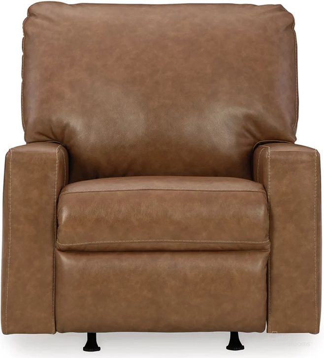 The appearance of Bolsena Rocker Recliner In Caramel designed by Signature Design by Ashley in the modern / contemporary interior design. This caramel piece of furniture  was selected by 1StopBedrooms from Bolsena Collection to add a touch of cosiness and style into your home. Sku: 5560325. Product Type: Rocker Recliner. Material: Leather Match. Image1