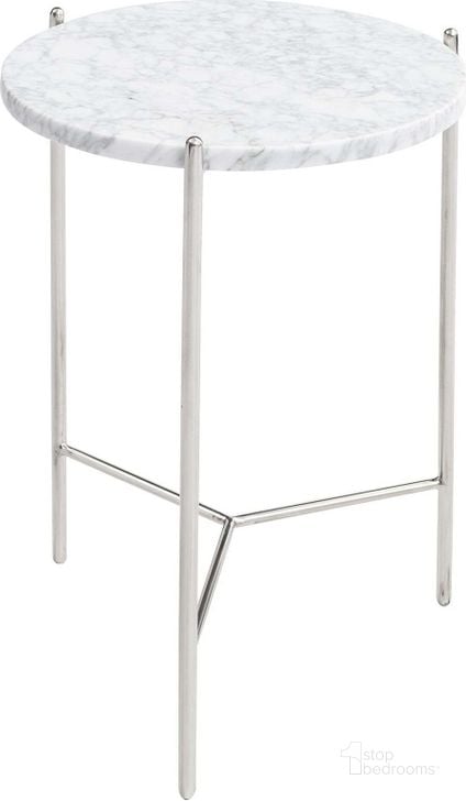 The appearance of Bolt Polished Stainless Steel And White Marble Top 18 Inch End Table designed by Bellini Modern Living in the transitional interior design. This white and silver piece of furniture  was selected by 1StopBedrooms from Bolt Collection to add a touch of cosiness and style into your home. Sku: BOLT-18 M ET WHT. Product Type: End Table. Image1