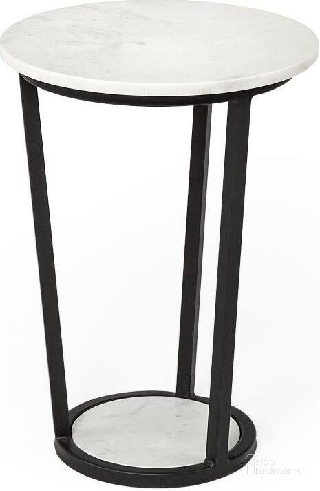The appearance of Bombola I White Round Marble Top With Black Metal Frame Small Accent Table designed by Mercana in the modern / contemporary interior design. This white and black piece of furniture  was selected by 1StopBedrooms from Bombola Collection to add a touch of cosiness and style into your home. Sku: 67038. Material: Metal. Product Type: Accent Table. Image1