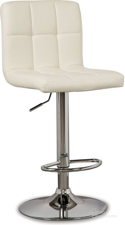 The appearance of Bone Tall Upholstered Swivel Barstool Set of 2 designed by Signature Design by Ashley in the modern / contemporary interior design. This bone piece of furniture  was selected by 1StopBedrooms from Bone Tall Collection to add a touch of cosiness and style into your home. Sku: D120-230. Material: Leather Match. Product Type: Barstool. Image1