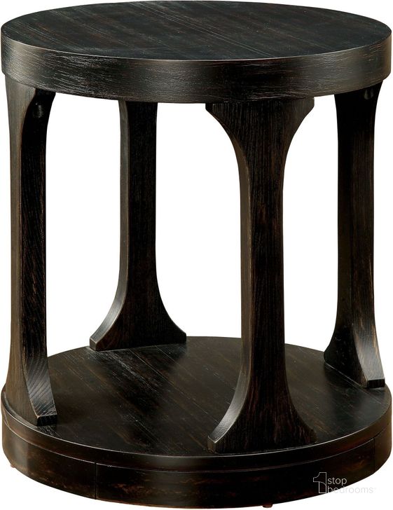 The appearance of Boniface Black End Table designed by Bennett Interiors in the transitional interior design. This black piece of furniture  was selected by 1StopBedrooms from Boniface Collection to add a touch of cosiness and style into your home. Sku: CM4422E. Table Top Shape: Round. Material: Wood. Product Type: End Table. Image1
