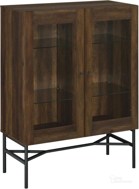 The appearance of Bonilla 2-Door Accent Cabinet with Glass Shelves In Dark Pine designed by Coaster in the rustic / southwestern interior design. This dark pine piece of furniture  was selected by 1StopBedrooms from Bonilla Collection to add a touch of cosiness and style into your home. Sku: 959625. Material: Wood. Product Type: Accent Cabinet. Image1