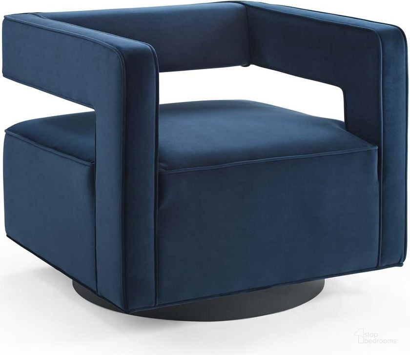 The appearance of Booth Performance Velvet Swivel Armchair EEI-3948-MID designed by Modway in the modern / contemporary interior design. This midnight blue piece of furniture  was selected by 1StopBedrooms from Booth Collection to add a touch of cosiness and style into your home. Sku: EEI-3948-MID. Material: Wood. Product Type: Arm Chair. Image1