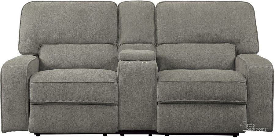 The appearance of Borneo Mocha Power Double Reclining Loveseat With Center Console And Power Headrests designed by Homelegance in the transitional interior design. This gray piece of furniture  was selected by 1StopBedrooms from Borneo Collection to add a touch of cosiness and style into your home. Sku: 9849MC-2PWH. Material: Wood. Product Type: Reclining Loveseat. Image1