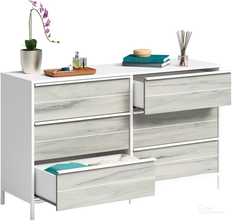 The appearance of Boulevard Cafe Dresser In White designed by Sauder in the modern / contemporary interior design. This white piece of furniture  was selected by 1StopBedrooms from Boulevard Cafe Collection to add a touch of cosiness and style into your home. Sku: 429409. Product Type: Dresser. Material: Engineered Wood. Image1