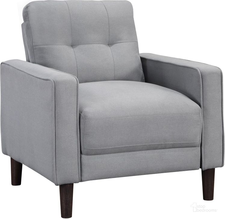 The appearance of Bowen Upholstered Track Arms Tufted Chair In Grey designed by Coaster in the transitional interior design. This grey piece of furniture  was selected by 1StopBedrooms from Bowen Collection to add a touch of cosiness and style into your home. Sku: 506783. Material: Upholstered. Product Type: Accent Chair. Image1