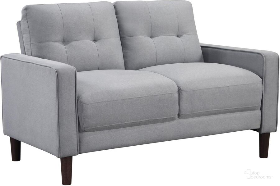 The appearance of Bowen Upholstered Track Arms Tufted Loveseat In Grey designed by Coaster in the transitional interior design. This grey piece of furniture  was selected by 1StopBedrooms from Bowen Collection to add a touch of cosiness and style into your home. Sku: 506782. Material: Upholstered. Product Type: Loveseat. Image1