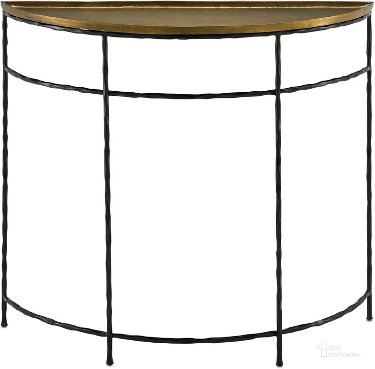 The appearance of Boyles Brass Demi Lune Table designed by Currey & Company in the modern / contemporary interior design. This brass piece of furniture  was selected by 1StopBedrooms from Boyles Collection to add a touch of cosiness and style into your home. Sku: 4000-0053. Product Type: Accent Table. Material: Iron. Image1