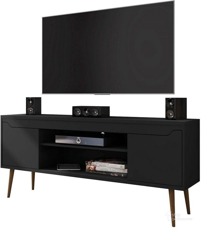 The appearance of Bradley 62.99 TV Stand Black With 2 Media Shelves And 2 Storage Shelves In Black With Solid Wood Legs designed by Manhattan Comfort in the transitional interior design. This black piece of furniture  was selected by 1StopBedrooms from Bradley Collection to add a touch of cosiness and style into your home. Sku: 228BMC8. Product Type: TV Stand. Material: MDF. Image1