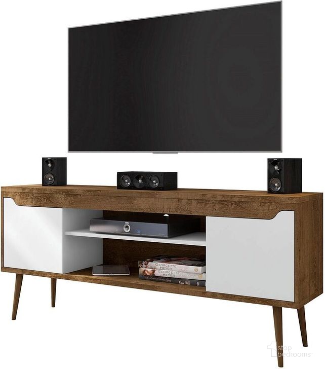The appearance of Bradley TV Stand Rustic Brown And White With 2 Media Shelves And 2 Storage Shelves In Rustic Brown And White designed by Manhattan Comfort in the transitional interior design. This off white and cinnamon piece of furniture  was selected by 1StopBedrooms from Bradley Collection to add a touch of cosiness and style into your home. Sku: 228BMC96. Product Type: TV Stand. Material: MDF. Image1